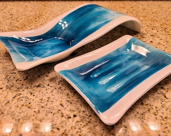 Fused Glass Turquoise and White Streaky Spoon Rest Sponge Rest Set