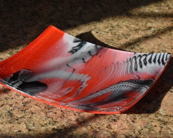 Fused Glass Plate Red, Black, White Graffiti