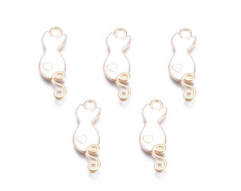 White Cat Charm - Enamel, Gold Plated, Bracelet, Pendant, Keyring, Jewellery Making.