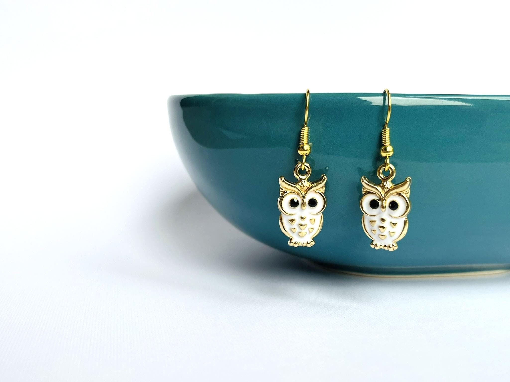 Owl Earrings - Enamel, Gold Plated, White, Bird, Animal, Gift, Jewellery.