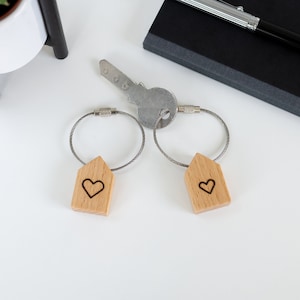 Customizable handmade mini wooden house-shaped keychain with wire keyring