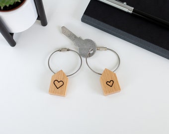 Customizable handmade mini wooden house-shaped keychain with wire keyring