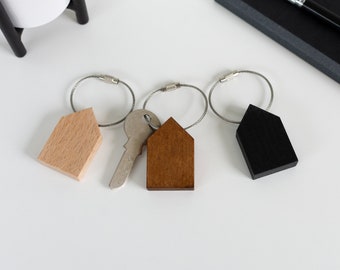 Handmade big wooden house-shaped keychain with wire keyring