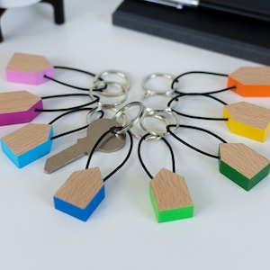 Handmade wooden house-shaped keychain summer edition - available in 8 fun colours | with leather cord and metal keyring