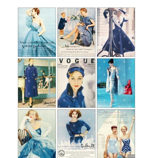 vintage 50's Fashion Blue - ATC - Feuille de collage numérique - PDF instantané | Téléchargement JPEG - Scrapbooking - Artisanat - 300ppi