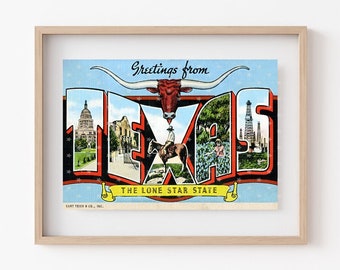 Greetings from TEXAS Vintage Postcard | JPEG Download - Wall Art - Artwork - Clip Art - Scrapbooking - Crafting - 300ppi