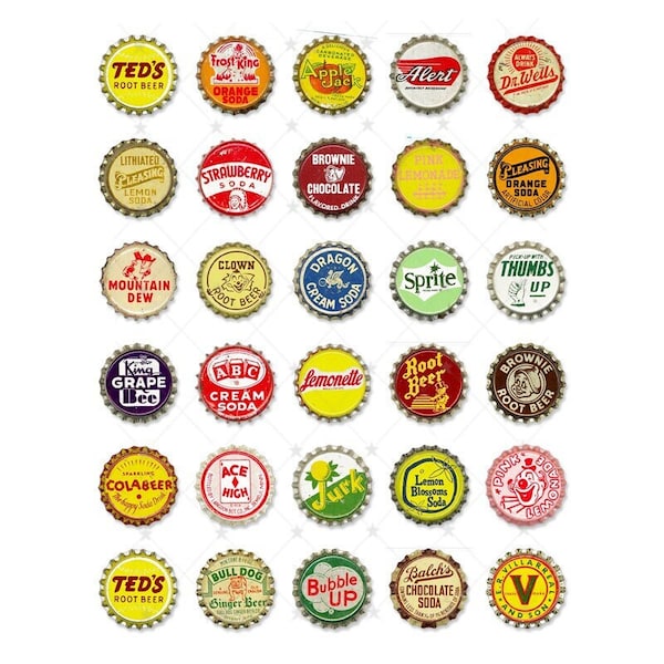 Vintage Soda Bottle Tops 1.25 INCH Digital Collage Sheet - Instant JPEG | PNG | Pdf Download - Scrapbooking - 300ppi