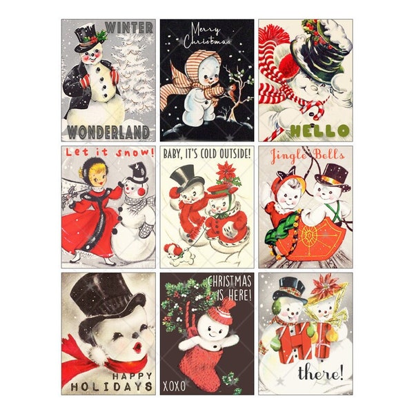 étiquettes cadeaux de bonhomme de neige de Noël vintage - Atc - Feuille de collage numérique - PDF instantané | Téléchargement JPEG - Scrapbooking - Artisanat - 300ppi