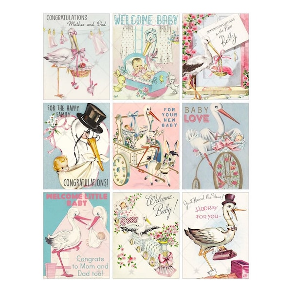 Vintage Baby | Stork Gift Tags - Digital Collage Sheet - Instant PDF | JPEG Download - Scrapbooking - Crafting - 300ppi