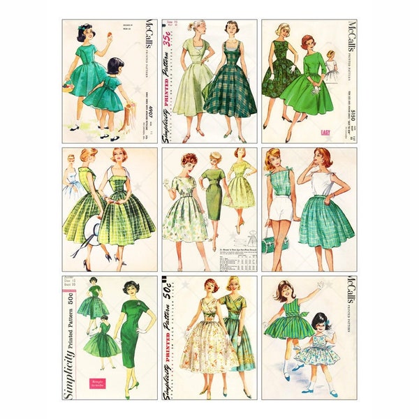 PRETTIE Green Dress Pattern Covers - Digital Collage Sheet - Instant PDF | JPEG Download - Scrapbooking - Crafting - 300ppi