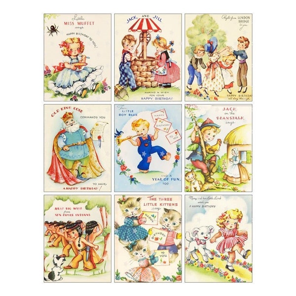 Vintage Nursery Rhyme Birthday Cards ATC - Digital Collage Sheet - Instant PDF | JPEG Download - Scrapbooking - Crafting - 300ppi