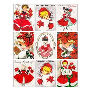 Vintage Ladies Poinsettia Gift Tags - ATC - Digital Collage Sheet - Instant PDF | JPEG Download - Scrapbooking - Crafting - 300ppi