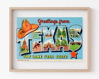 Greetings from TEXAS Vintage Postcard | JPEG Download - Wall Art - Artwork - Clip Art - Gift giving - Tags - Crafting - 300ppi