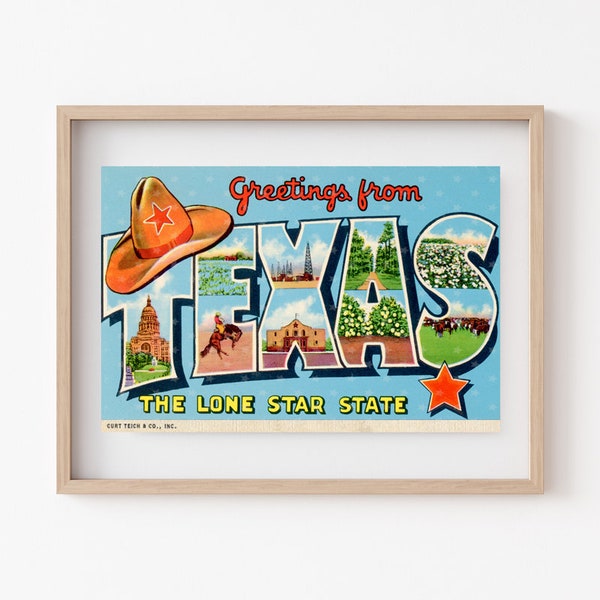 Greetings from TEXAS Vintage Postcard | JPEG Download - Wall Art - Artwork - Clip Art - Gift giving - Tags - Crafting - 300ppi