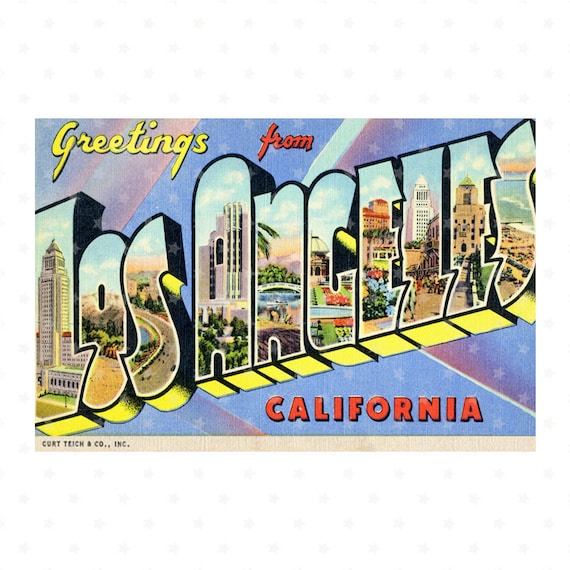 Greetings from LOS ANGELES Vintage Postcard JPEG Download | Etsy