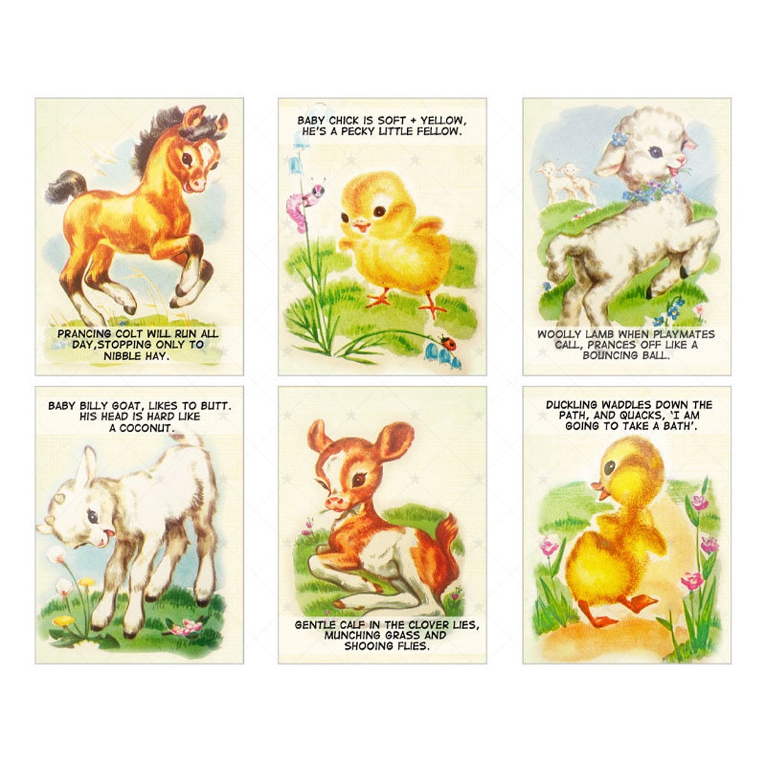 Vintage Baby Animals Cards Journaling Digital Collage Sheet Instant PDF