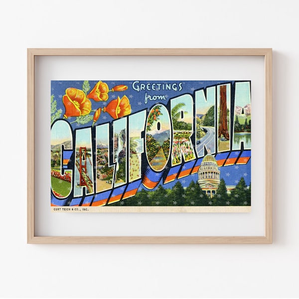 Greetings from CALIFORNIA Vintage Postcard | JPEG Download - Wall Art - Artwork - Clip Art - Gift giving - Tags - Crafting - 300ppi