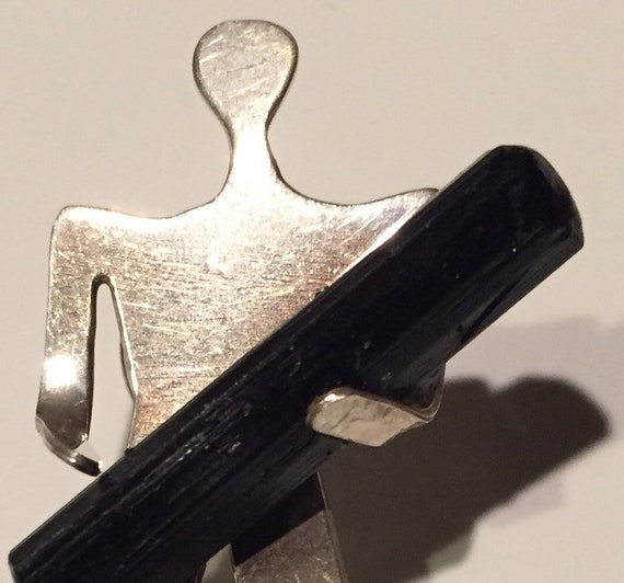 Vintage Iriniri Sterling Silver 925 Stick Person Pin Holding Black Tourmaline Schorl 1991