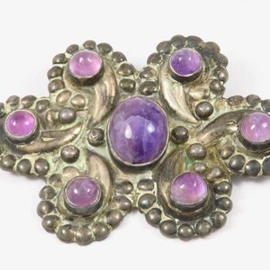 Antique Vintage Mexico Mexican 1920’s-1940’s Sterling Silver 925 Original Patinated Amethyst Cabochon Brooch 2.75 inches.