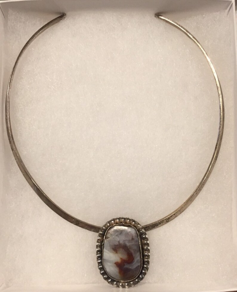 Collar de plata de ley 925 con ágata y colgante hecho a mano de México vintage imagen 2