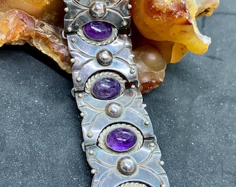 Antique-Vintage 1920’s-1940’s Mexico Mexican Sterling Silver 950 Fine Wide Swivel Panel Link Amethyst Bracelet. 6.5 inches long 63 grams Wt.