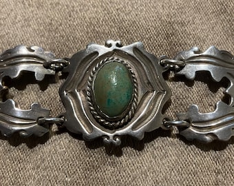 Vintage Taxco Mexico Mexican Rafael Melendez Sterling Silver 980 Fine Turquoise Hand Crafted Bracelet Mfg. 1939-1942.