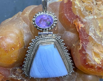 Colgante vintage de plata esterlina 925 con encaje azul y amatista, estilo suroeste, 2,5 pulgadas de largo, peso 18 gramos.