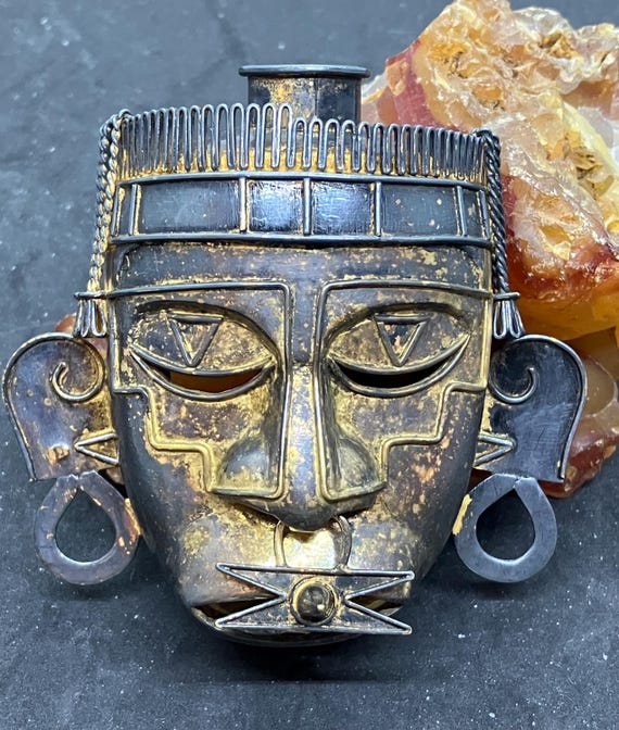 Large Mounted Vintage Sterling Silver 925 Gilt Pendant Base Aztec 