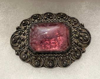 Vintage 1930’s Sterling Coin Silver .900 Fine Amethyst Glass Brooch