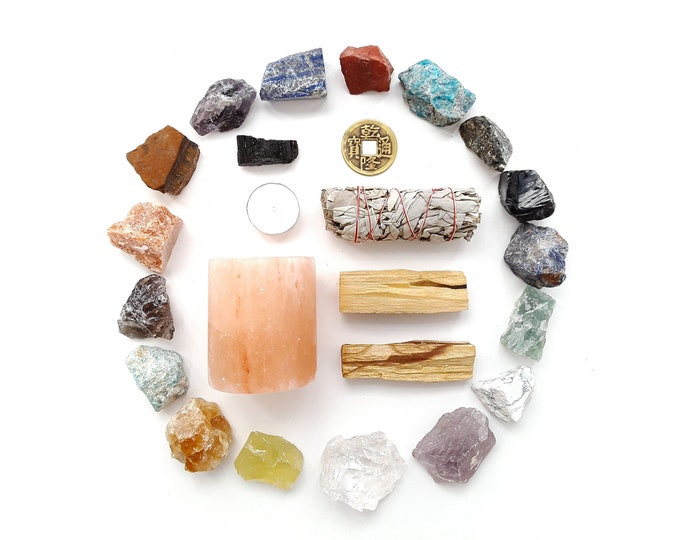 Meditation Gift Set Smudge kit. Include 17 Large Raw Crystals, Himalayan Salt Rock Candle, White Sage, Palo Santo and a XL Brass Coin.