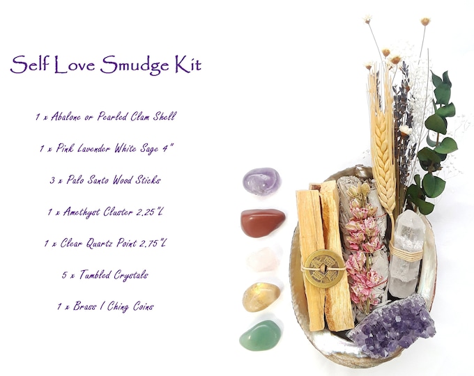 Four Seasons in Heaven. 11 pcs Healing Calming Smudge Kit with Lavender White Sage, Palo Santo, Amethyst Cluster, 6 crystals & I Ching Coin.