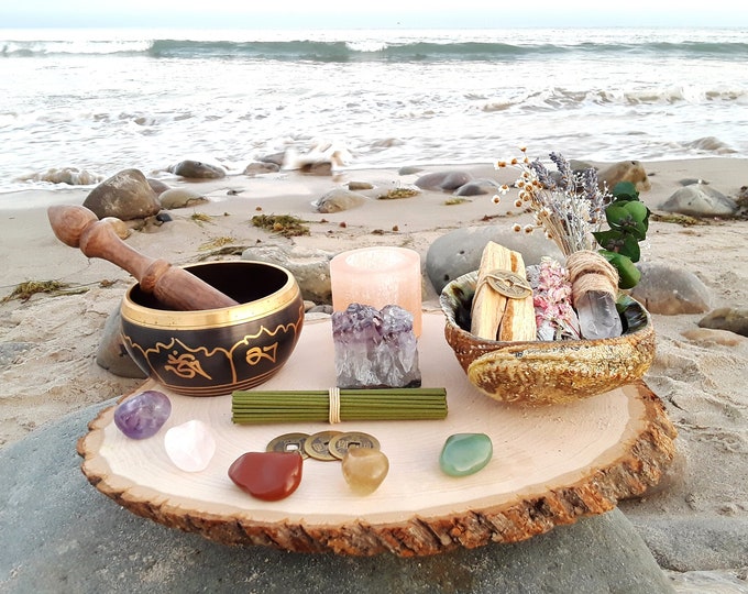 Full Moon Meditation Essentials Smudge Kit. Tibetan Brass Singing Bowl, Abalone Shell, Himalayan Salt Candle, 7 Crystals, Incense and more..