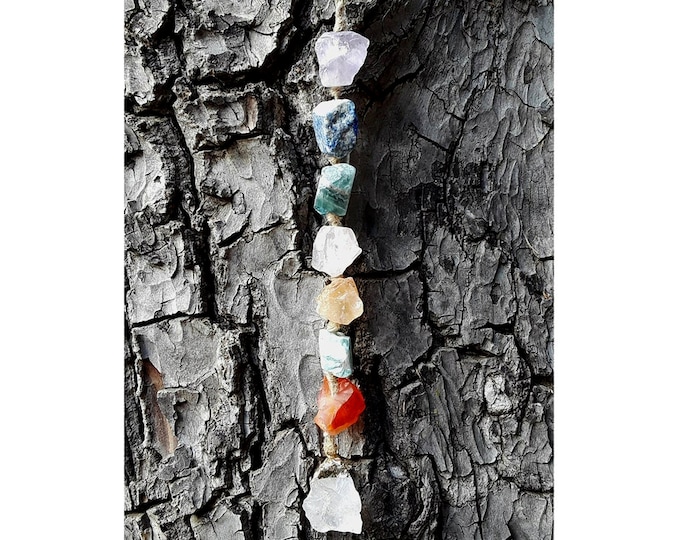 Rustic 7 Chakra Hanging Charm Natural Raw Crystals for protection and healing. Car rear view mirror hanging and wall decor