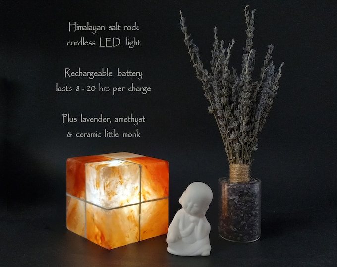 Cordless Himalayan Salt Rock LED Light with Rechargeable Battery. Light up to 20 hrs per charge. Great for Night Light, Meditation, backyard