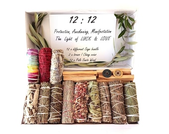 12:12 Awakening, Manifest, Protection, Cleansing & Healing Spiritual Smudge Gift box with 12 Sage, 12 Palo Santo, and 2 Brass I Ching Coins.