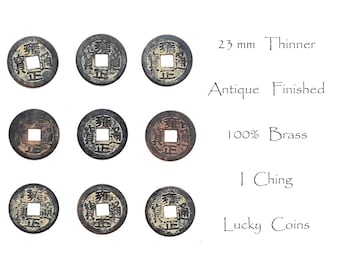 I Ching Coins with rusty antique finish, 9 Brass Chinese Metal Coins 28 cm diameter, Good Luck Gift, Fortune Coins