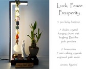 Rub Buddha 39 s Belly. LED 7 chakra Crystal charm with jade Laughing Buddha, 3 pcs Lucky bamboo 9 I Ching coins. Night stand or Office desk.