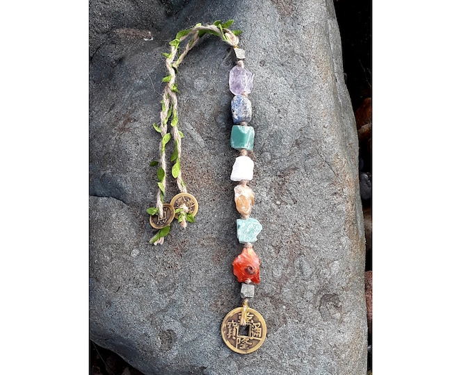 7 Chakra Rustic Crystal Money Charm with brass I Ching coin. Natural Crystals and coins for Prosperity. Car rear view, new business blessing