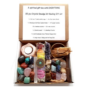 32 pcs Spiritual Crystal Smudge Gift box for beginners. Singing Bowl, 7 chakra sage, Himalayan Salt Candle, Palo Santo, Amethyst cluster