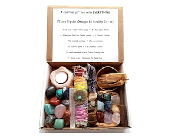 32 pcs Spiritual Crystal Smudge Gift box for beginners. Singing Bowl, 7 chakra sage, Himalayan Salt Candle, Palo Santo, Amethyst cluster