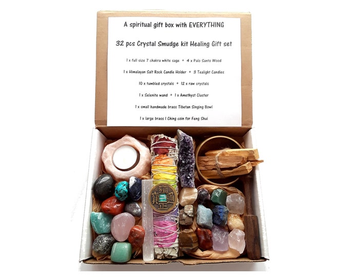 32 pcs Spiritual Crystal Smudge Gift box for beginners. Singing Bowl, 7 chakra sage, Himalayan Salt Candle, Palo Santo, Amethyst cluster