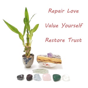Repair Relationships and move forward. 12 pcs Personalized Smudge Kit with lucky bamboo. Bring Love and Clarity to heal hearts and let it go