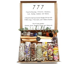 777 Powerful Blessings, Protection, Cleansing and Healing Spiritual Crystal Smudge Gift Box with 7 White Sage, 7 Palo Santo, & 7 Crystals.