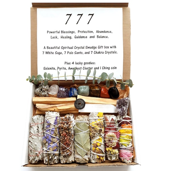 777 Powerful Blessings, Protection, Cleansing and Healing Spiritual Crystal Smudge Gift Box with 7 White Sage, 7 Palo Santo, & 7 Crystals.