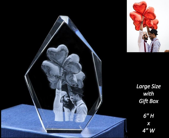 Photo Engraving | Personalized Laser etched crystal | 3D Laser Engraved Crystal Prestige | 6"H x 4"W x 1.5"D | Rechargeable Battery LED Base