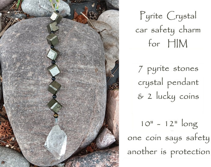 Pyrite Protection Crystal Charm | House Protection | Boho Wall Hanging | Car Rear View Mirror Hanging Protection | Boho Gift for HIM