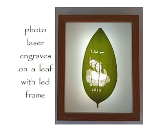 Photo Engraving | Personalized Engraved Leaf | Laser Engrave on Leaf | Frame size 9" x 7" x 2" | Wireless LED Leaf Photo Frame