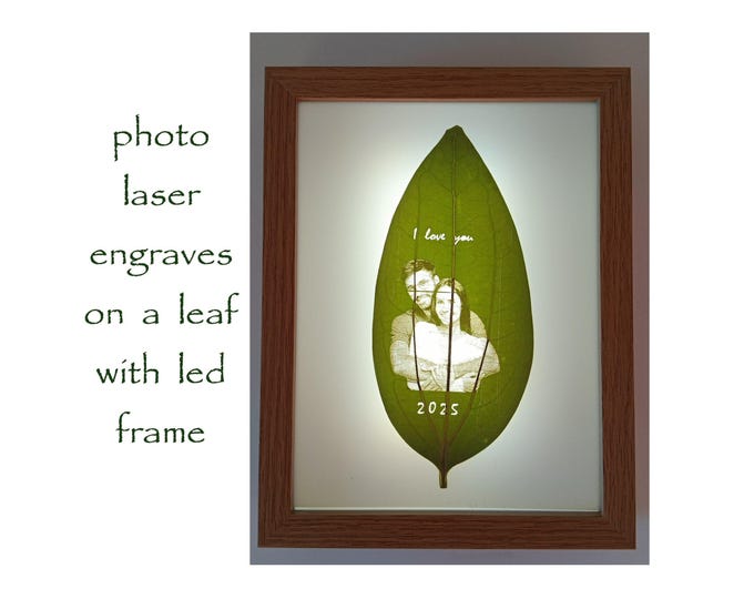 Photo Engraving | Personalized Engraved Leaf | Laser Engrave on Leaf | Frame size 9" x 7" x 2" | Wireless LED Leaf Photo Frame