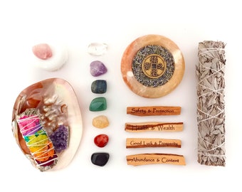 20 pcs Self-Love & House Warming Crystal Smudge Gift set. White Sage, Palo Santo, Body Butter, Yellow Jade bowl, Pearled Clam Shell Lavender