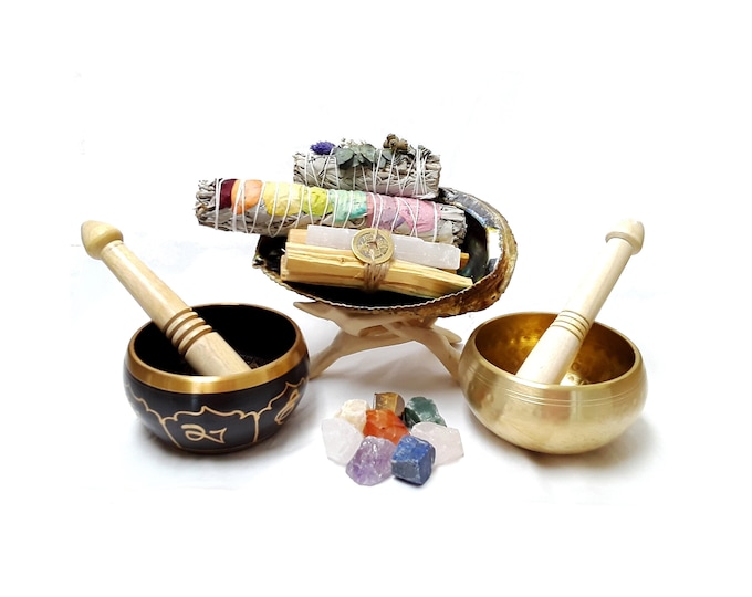 Tibetan Singing Bowl Smudge Kit with 7 Chakra Cysrals. Pure positive energy and good vibes.